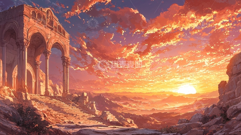 高清大图下载【趣麦麦图】夕阳下的古遗迹