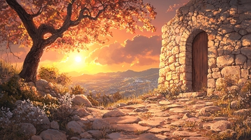 秋日山间石屋夕阳