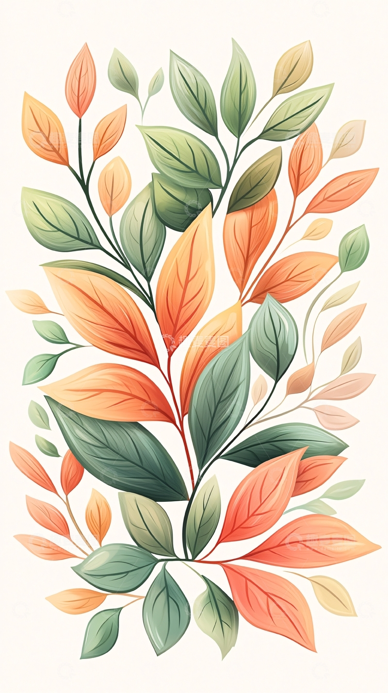 高清大图下载【趣麦麦图】秋日色彩斑斓树叶插画