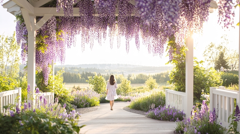高清大图下载【趣麦麦图】女孩走在紫藤花架下