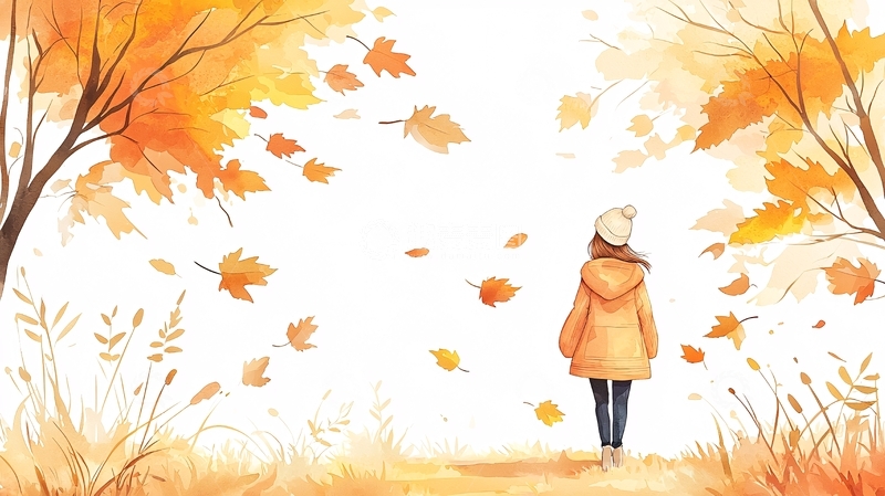 高清大图下载【趣麦麦图】秋日少女背影落叶唯美场景