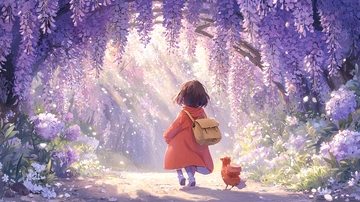 女孩走在紫藤花隧道