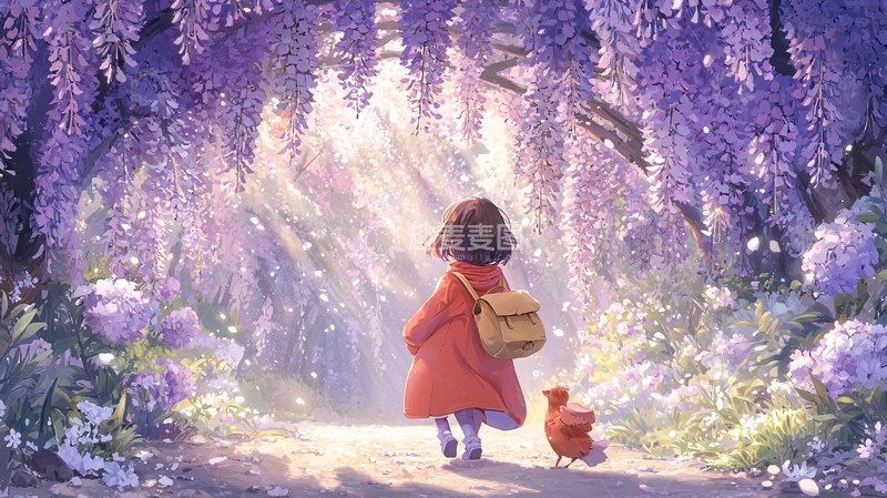 高清大图下载【趣麦麦图】女孩走在紫藤花隧道