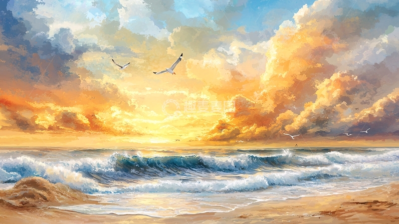 高清大图下载【趣麦麦图】金色海滩日落天空云彩海浪