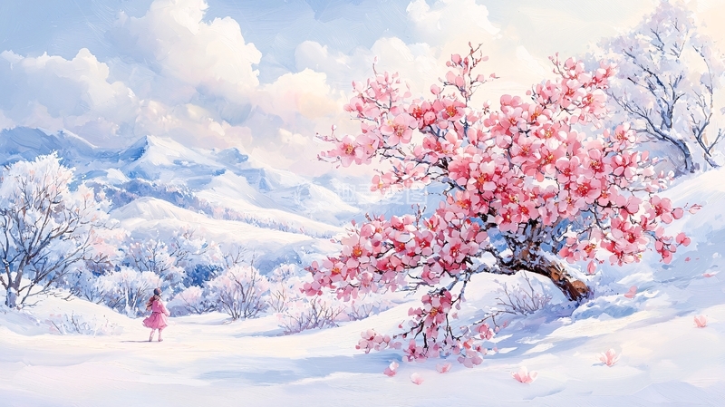 高清大图下载【趣麦麦图】雪山上的粉色樱花树