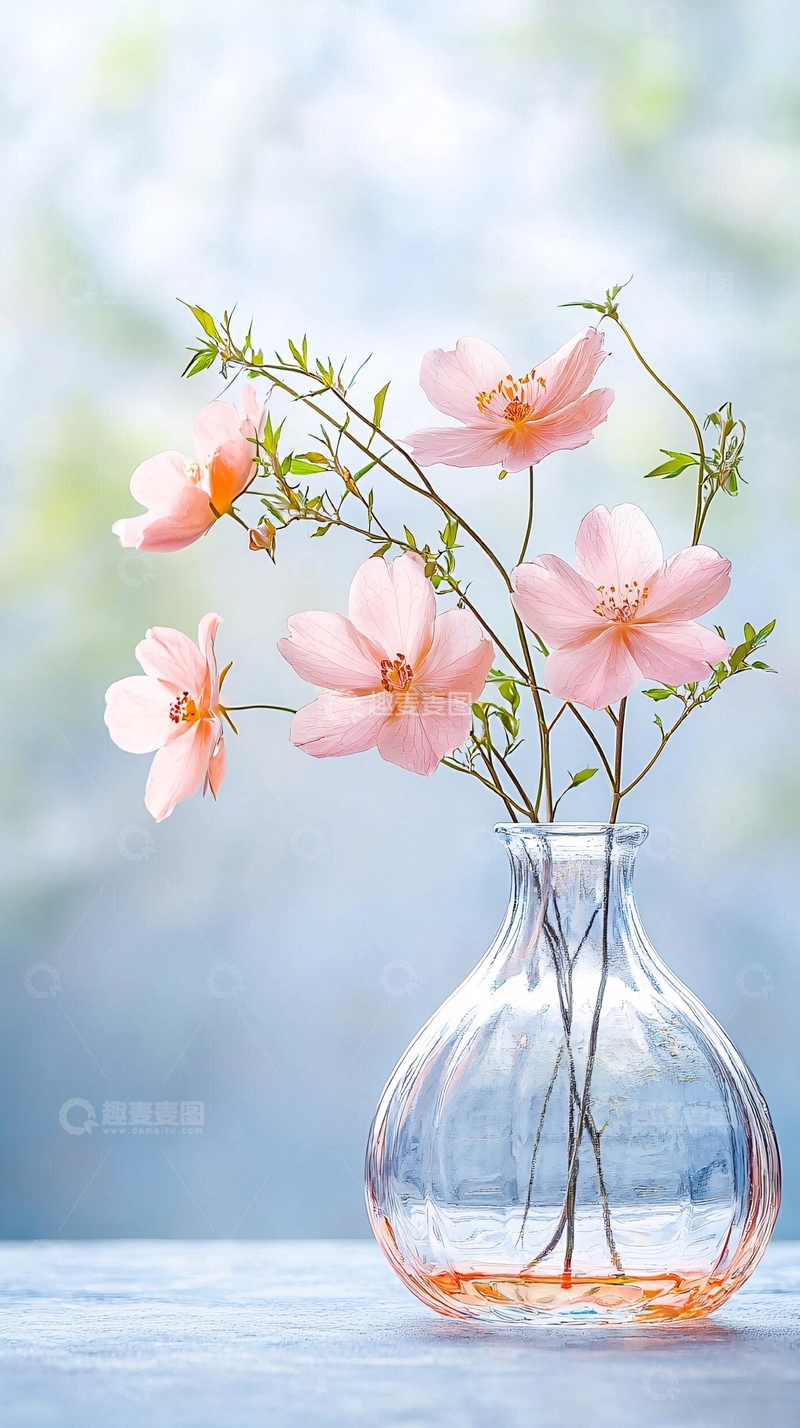 高清大图下载【趣麦麦图】粉色花朵玻璃瓶插花