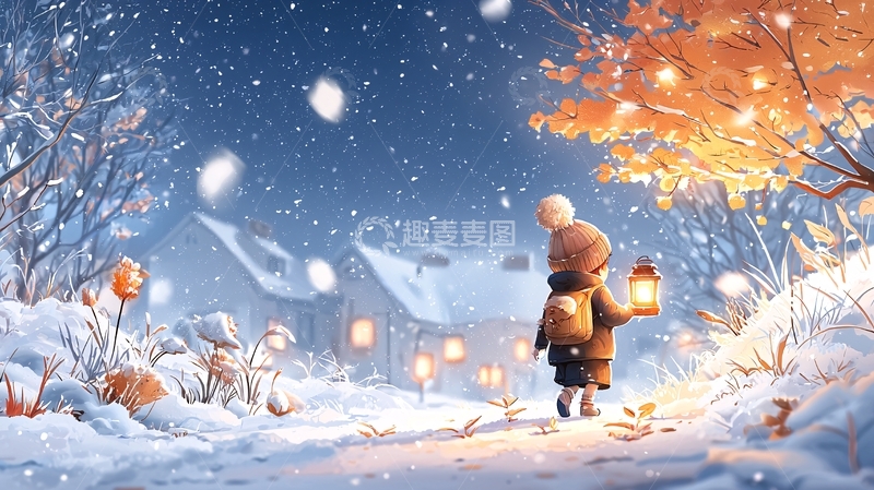 高清大图下载【趣麦麦图】雪夜里提灯的孩子