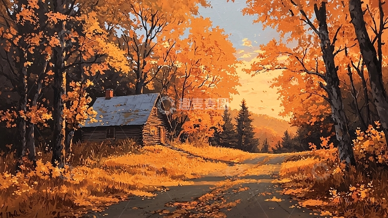 高清大图下载【趣麦麦图】秋日小屋与落叶小径