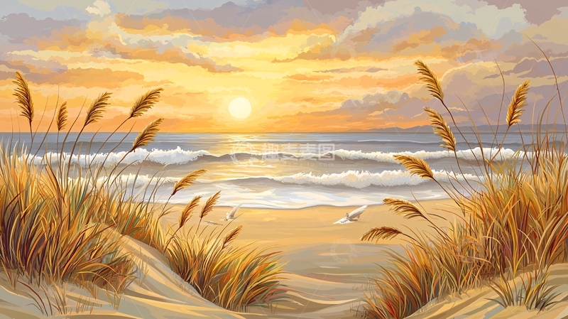 高清大图下载【趣麦麦图】金色沙滩日落海景