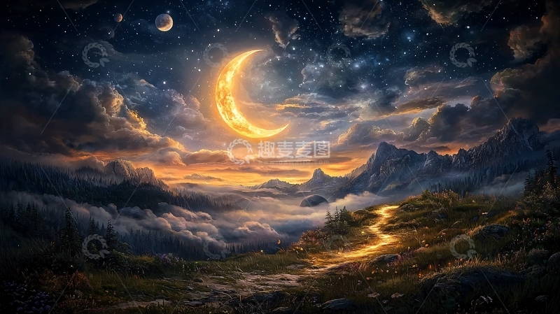 高清大图下载【趣麦麦图】弯月悬挂夜空