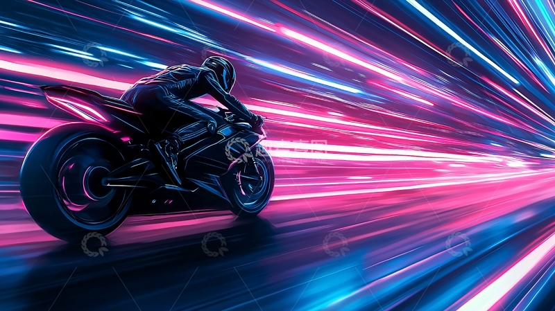 高清大图下载【趣麦麦图】-霓虹速度：摩托车疾驰夜景