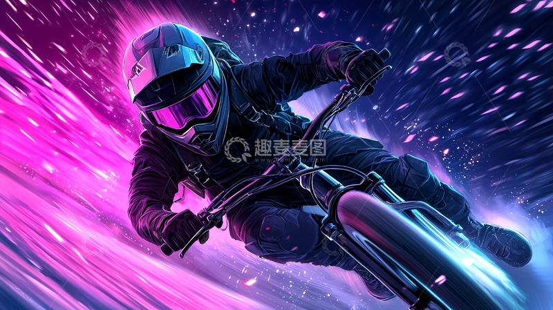 高清大图下载【趣麦麦图】霓虹夜骑摩托车插画