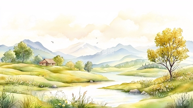 高清大图下载【趣麦麦图】田园风光水彩画