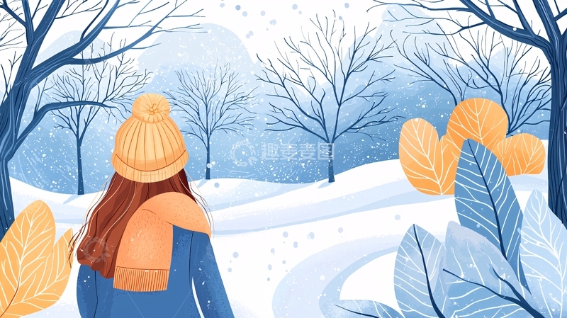 高清大图下载【趣麦麦图】冬季雪景中女孩背影