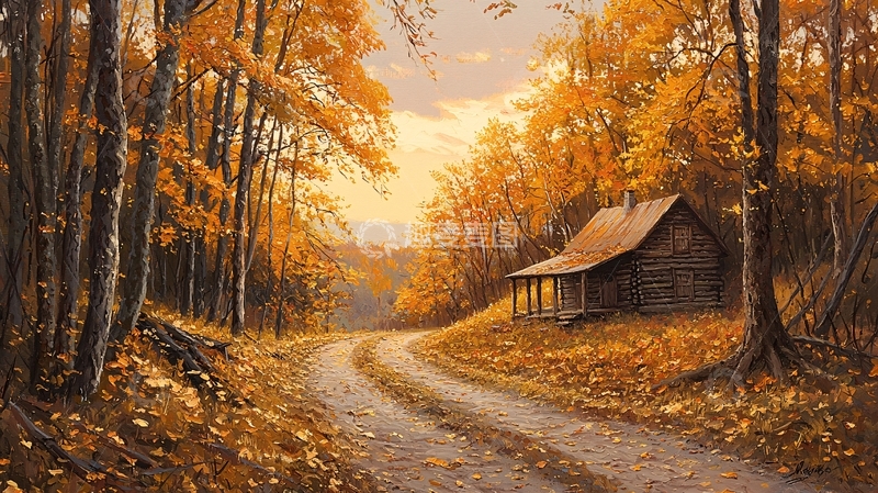 高清大图下载【趣麦麦图】秋日森林小屋风景