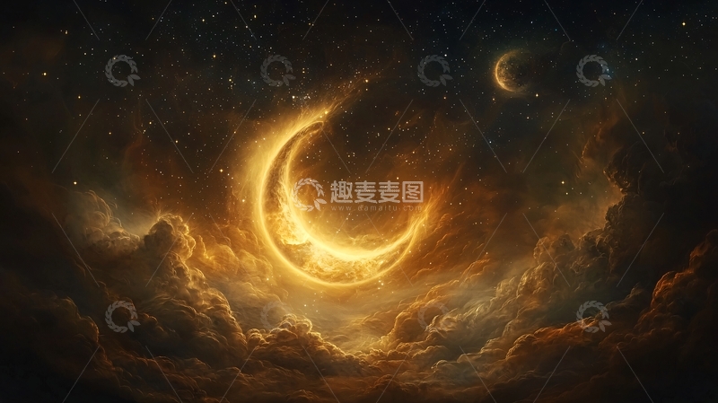高清大图下载【趣麦麦图】黄金月亮悬挂在云端