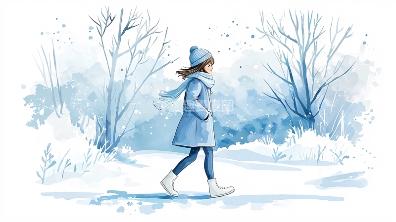 高清大图下载【趣麦麦图】冬日雪景中行走的女孩