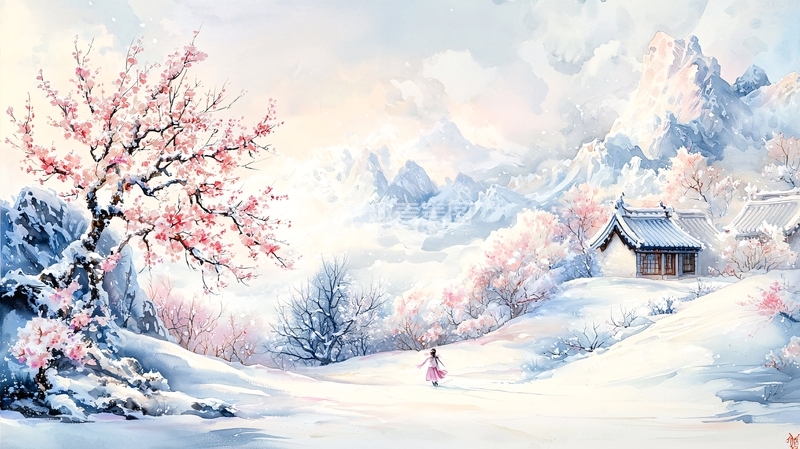 高清大图下载【趣麦麦图】雪山粉色桃花唯美意境