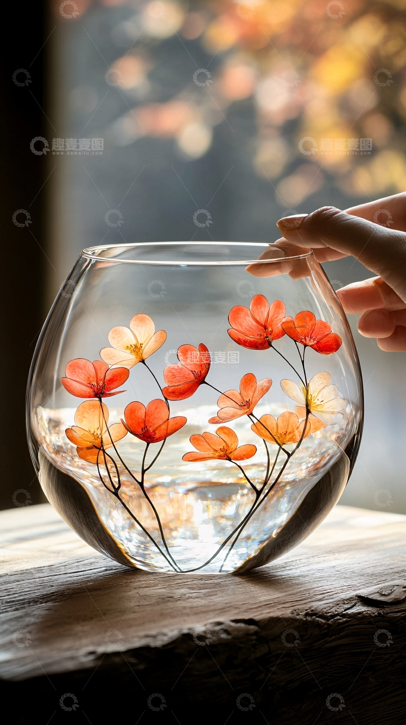 高清大图下载【趣麦麦图】玻璃花瓶中的橙色花朵