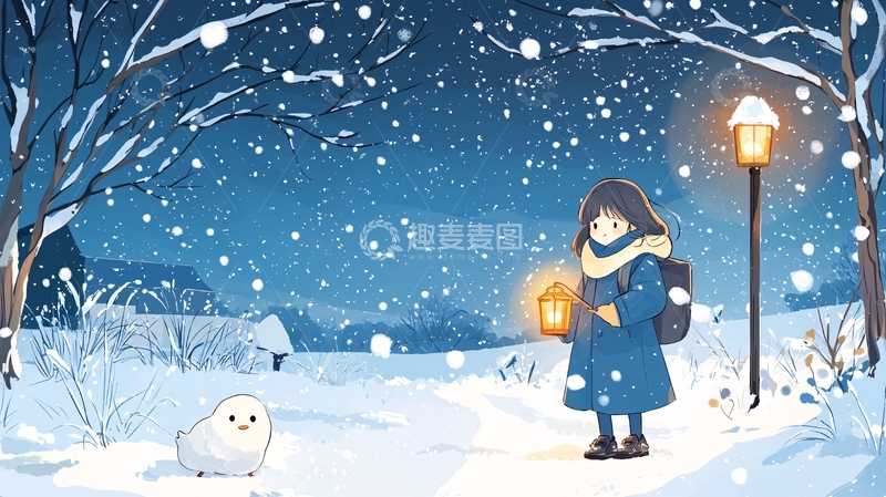 高清大图下载【趣麦麦图】雪夜女孩提灯漫步
