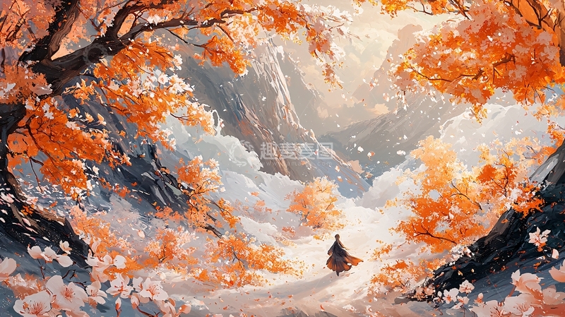 高清大图下载【趣麦麦图】秋季山间小路上的旅人