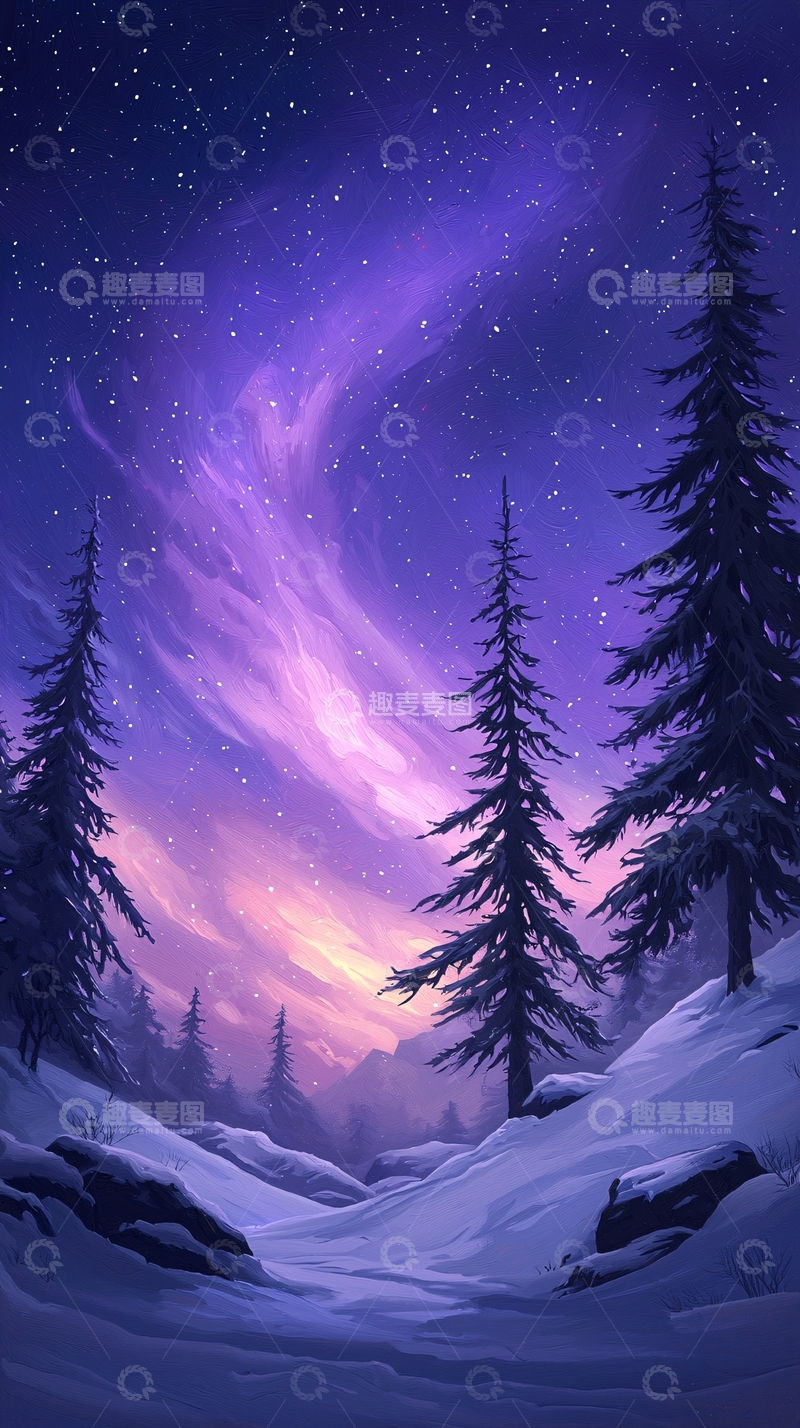高清大图下载【趣麦麦图】冬夜森林星空雪景