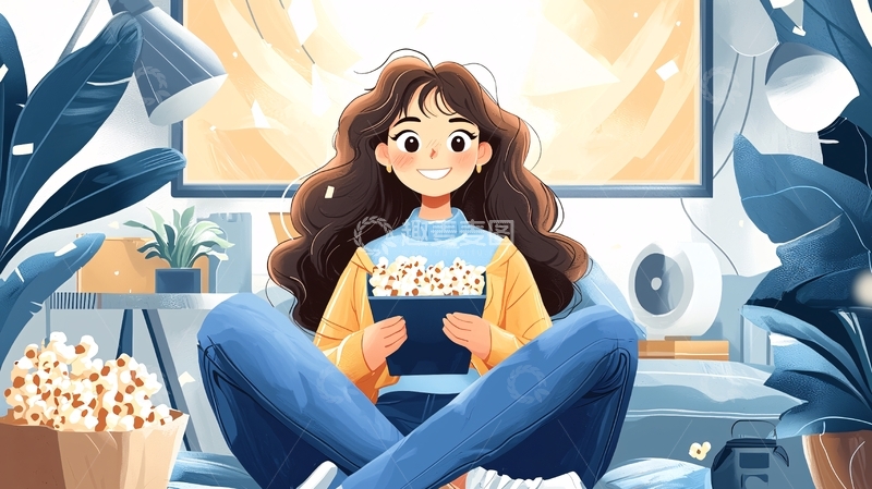 高清大图下载【趣麦麦图】居家女孩放松看电视