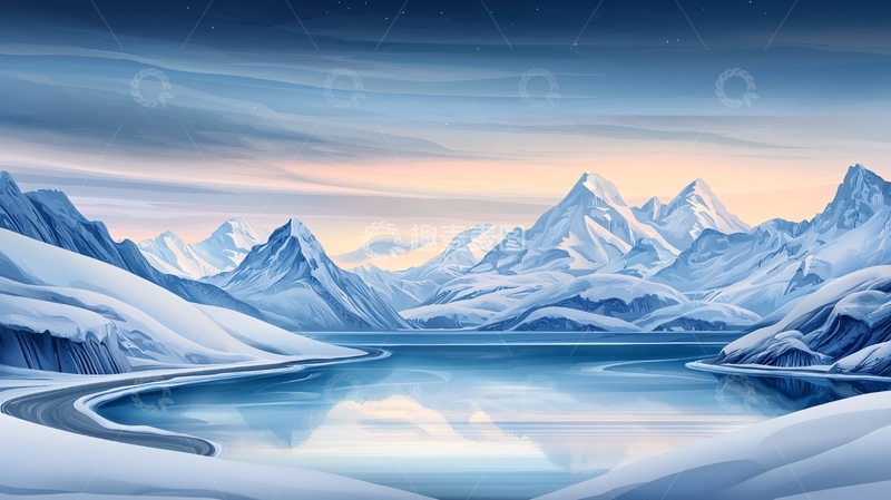 高清大图下载【趣麦麦图】冰雪覆盖的山峰湖泊景观