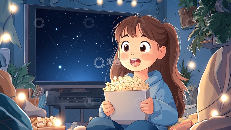女孩看电视吃爆米花