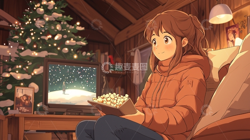 高清大图下载【趣麦麦图】温馨小屋少女看电视吃零食