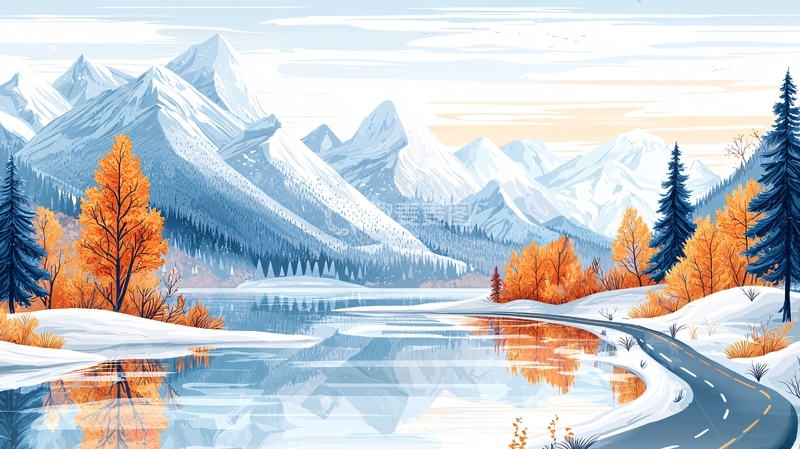 高清大图下载【趣麦麦图】雪山湖泊道路的冬日美景
