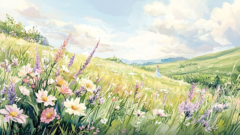 鲜花草地山丘的唯美画作