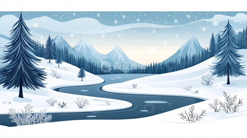 高清大图下载【趣麦麦图】冬季雪景河流山脉插画