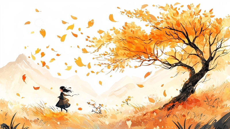 高清大图下载【趣麦麦图】秋风落叶下的孤独女孩