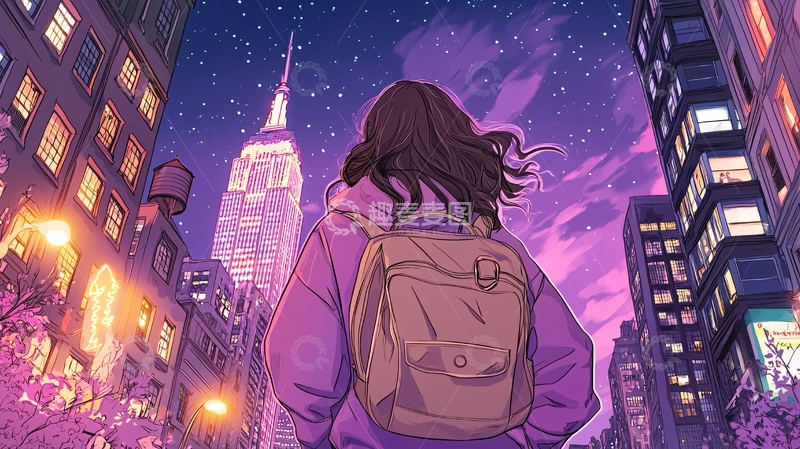 高清大图下载【趣麦麦图】城市夜景中的少女背影