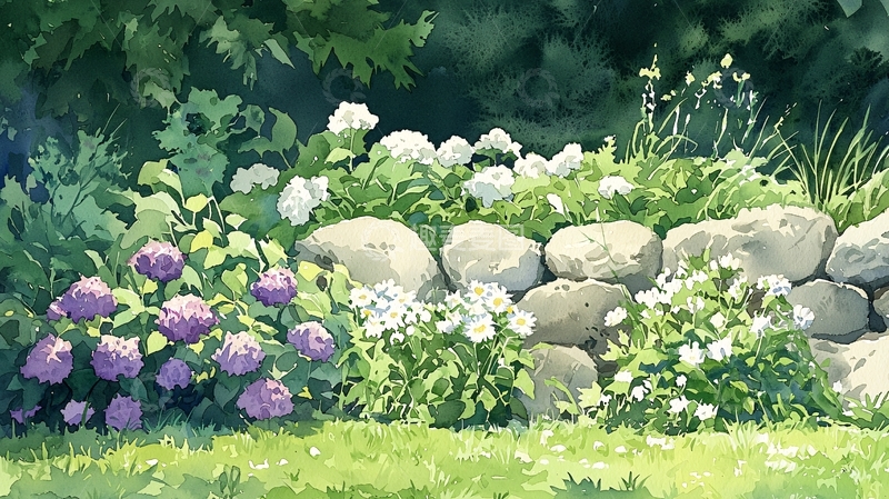 高清大图下载【趣麦麦图】夏日花园石墙花丛风景