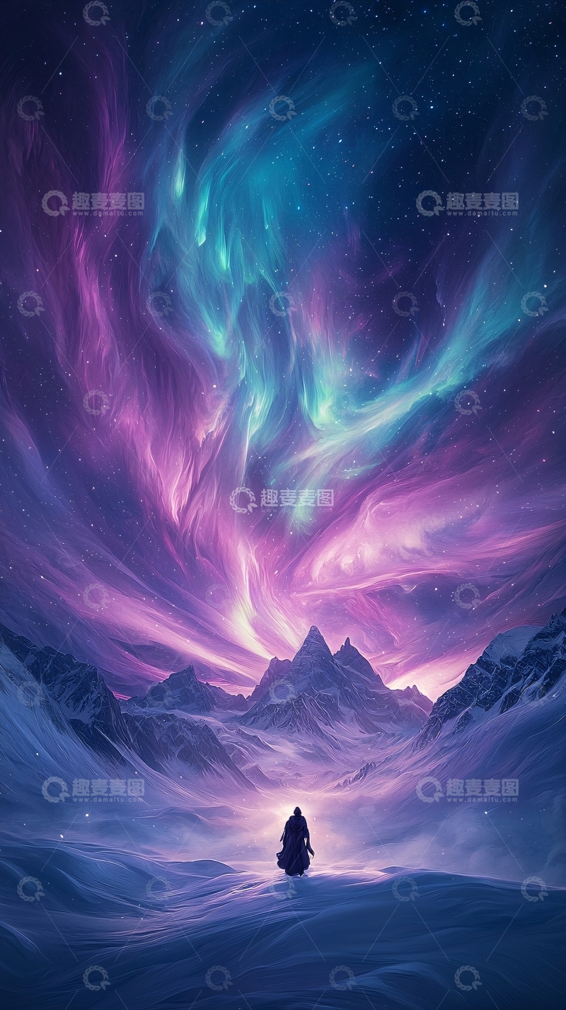 高清大图下载【趣麦麦图】梦幻极光下的雪山徒步者
