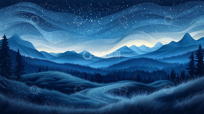 高清大图下载【趣麦麦图】蓝色山脉星空