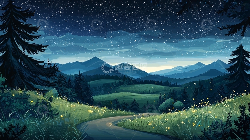 高清大图下载【趣麦麦图】繁星点点的夜空下的山水画