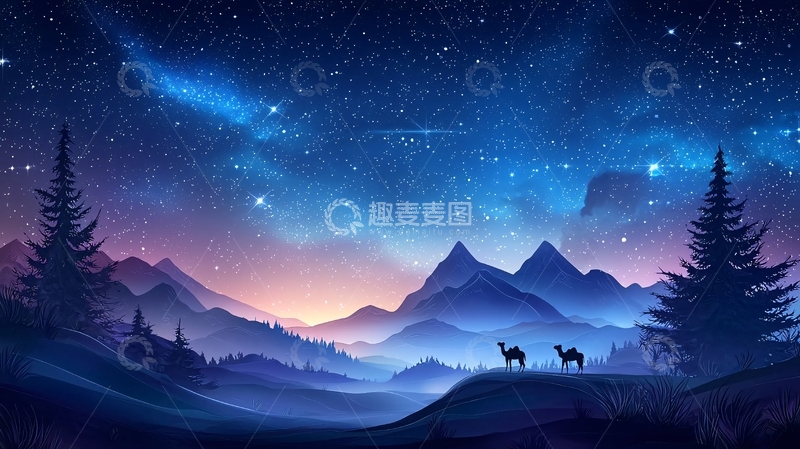 高清大图下载【趣麦麦图】星空下的山脉森林和动物