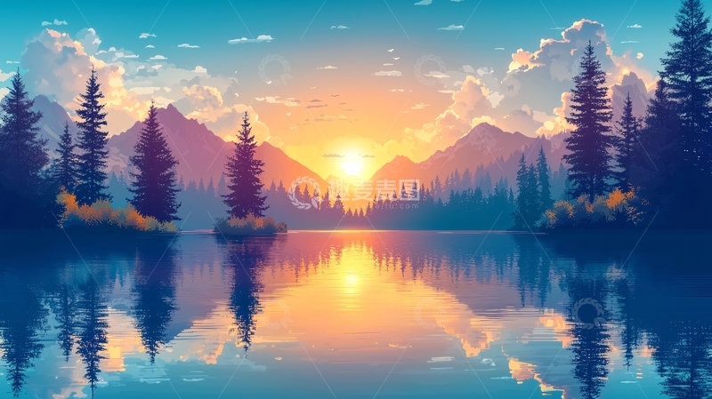 高清大图下载【趣麦麦图】湖面平静倒映群山日出