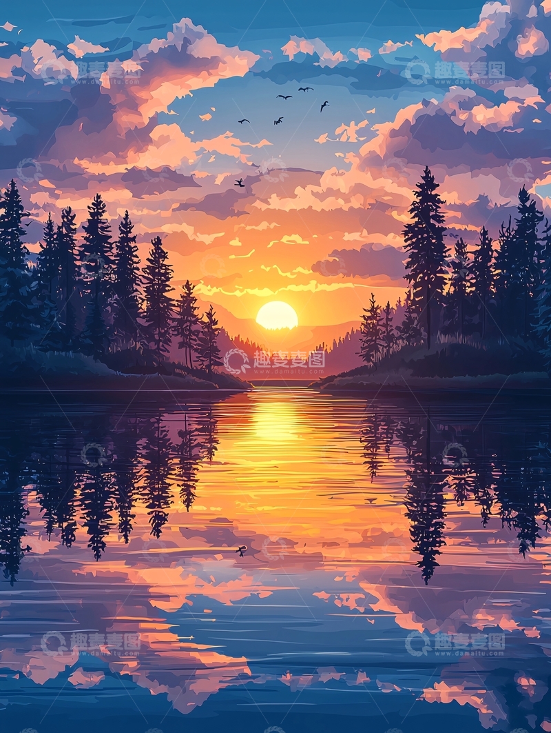 高清大图下载【趣麦麦图】宁静湖面日落倒影