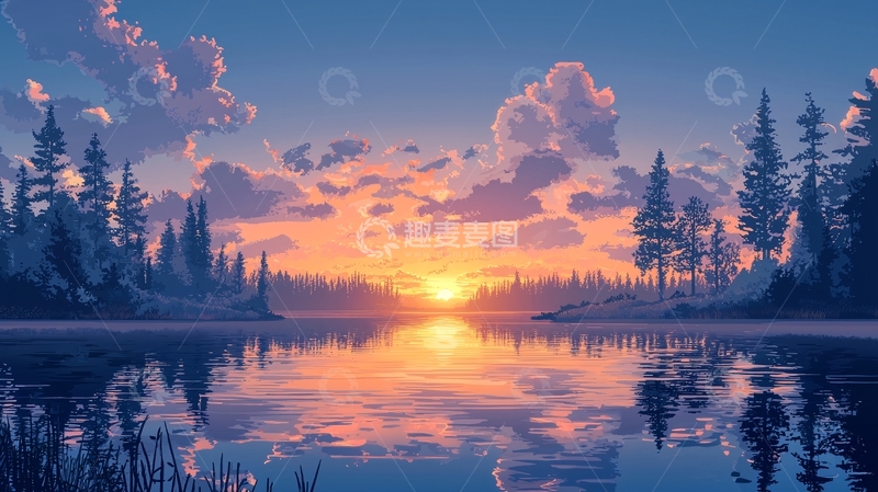 高清大图下载【趣麦麦图】湖面日出森林倒影