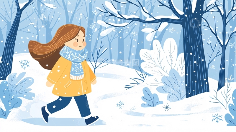 高清大图下载【趣麦麦图】冬季女孩在雪地里散步