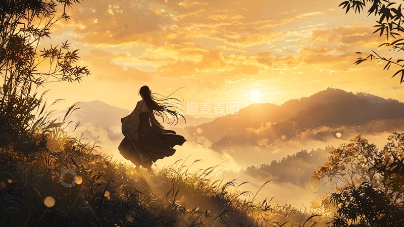 高清大图下载【趣麦麦图】金黄色山顶的孤独身影