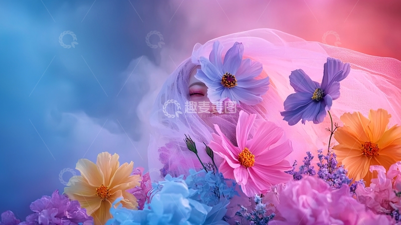 高清大图下载【趣麦麦图】女性与花朵在彩色烟雾中