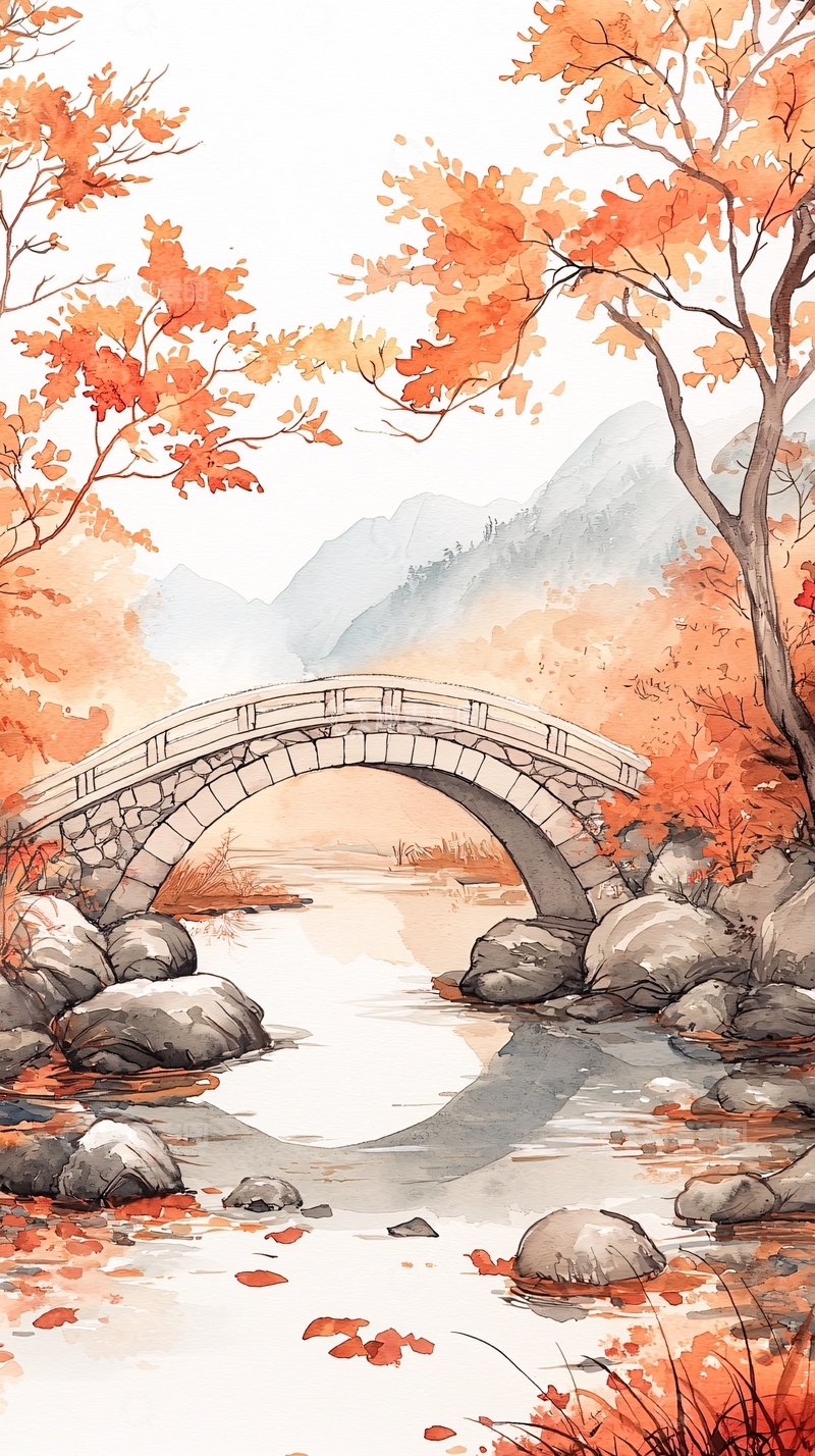高清大图下载【趣麦麦图】秋日小桥流水风景图