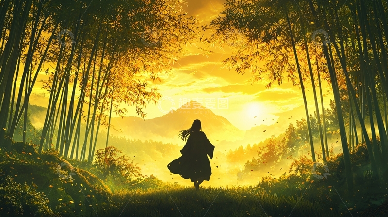 高清大图下载【趣麦麦图】夕阳下的竹林背影