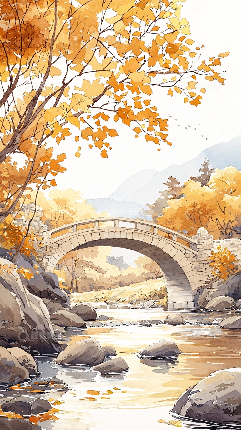 高清大图下载【趣麦麦图】秋日小桥流水风景图