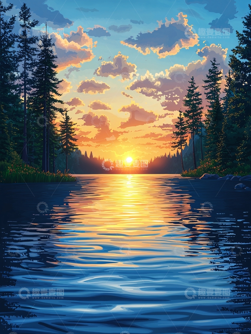 高清大图下载【趣麦麦图】湖面日落森林倒影